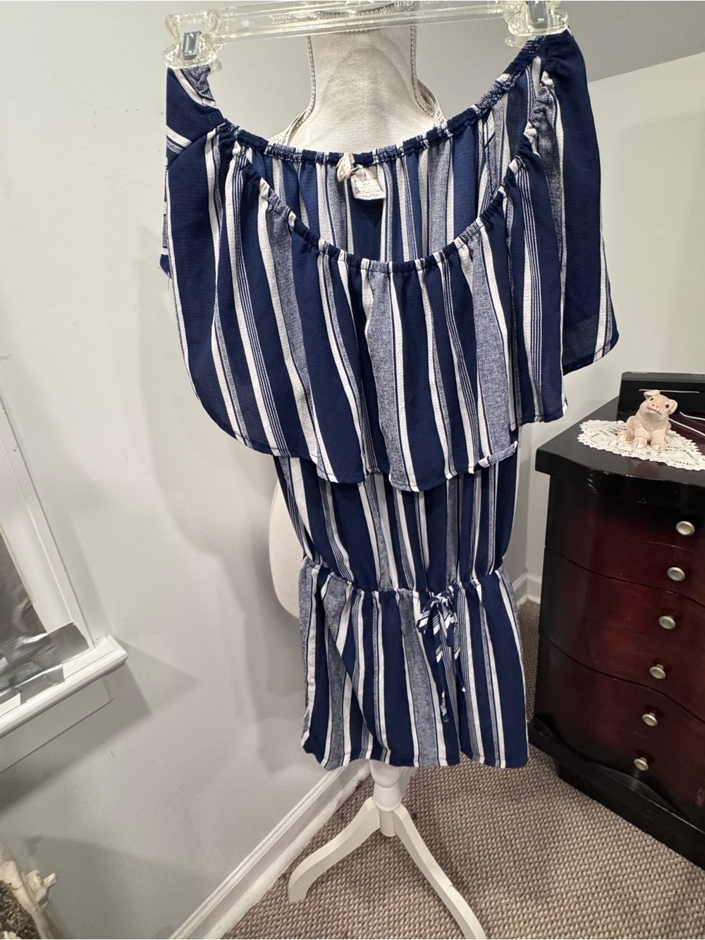 Mimi Chica Navy and White Striped Off-Shoulder Romper